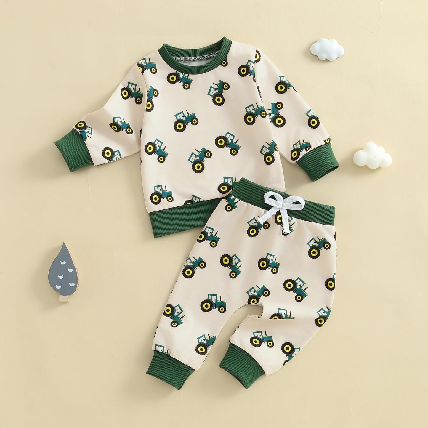 Baby-Frühlings-Outfit für Jungen, Trainingsanzüge mit Traktor-/Auto-Print, Sweatshirts mit langen Ärmeln mit Autodruck + elastische Kordelzughose, 2-teiliges Sportbekleidungsset, weiche Traktor-Outfits