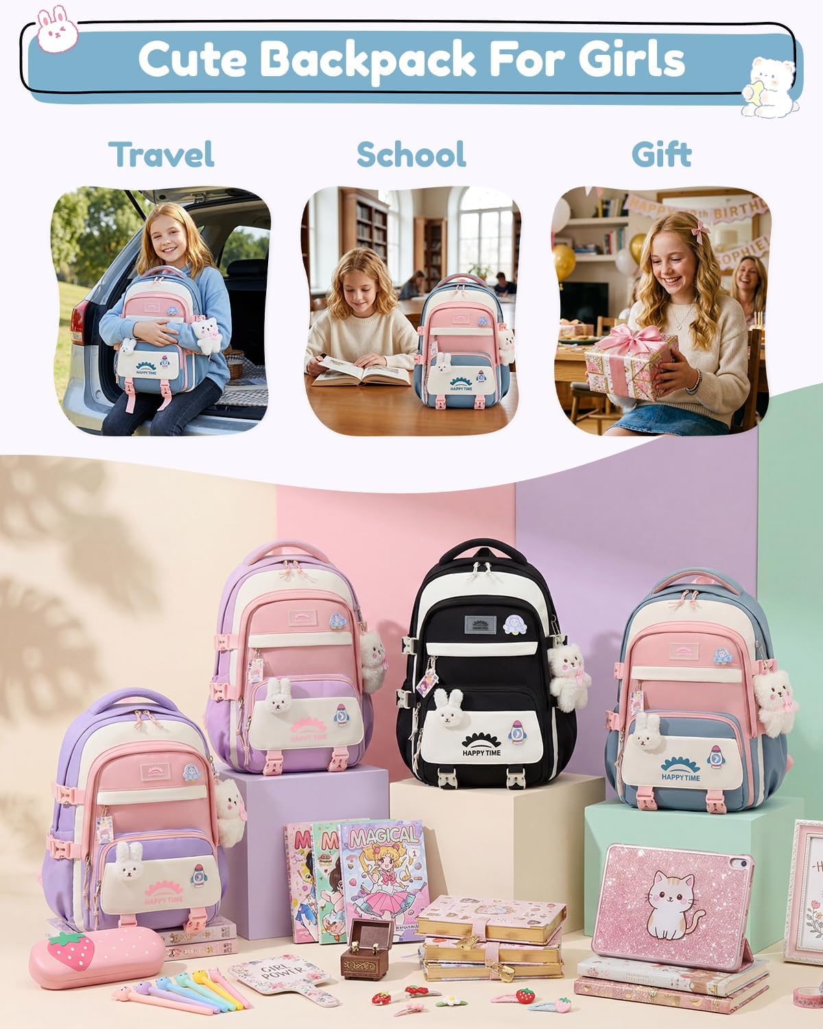 Tanou Schultasche Mädchen, Wasserabweisender Nylon Kinder Schulranzen, 20L | Leichter Schulrucksack für Mädchen der 2. bis 5. Klasse, Rucksack Schule mit Anhänger, Blau
