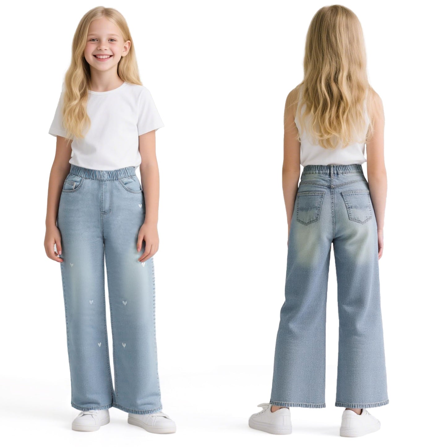 Baogaier Mädchen Jeans Wide Leg Denim Hosen Kinder Baggy Jeanshosen Lässige Weich Elastischer Bund Weites Bein Streetwear mit Taschen Teenager Loose Fit Jean Hose für 6-14 Jahre, Gr.122-164