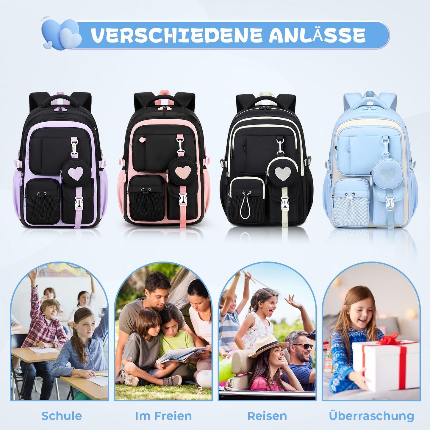 Schulrucksack Teenager Mädchen 22,9L mit Abnehmbarem Münzbeutel | Reflektierende Sicherheitsstreifen,S-förmige Wirbelsäulenstütze,Wasserfestes Gewebe,Wabenbelüfteter Rücken