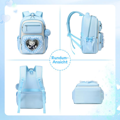 Schulrucksack Mädchen Herzdesign 22L mit Gepäckgurt für Schule | Spitze & Schleifendetails, Ergonomische 3D-Rückenpolsterung, wasserabweisendes Polyester, zahlreiche getrennte Fächer