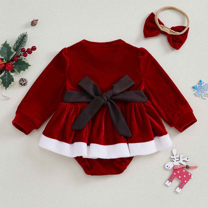 Geagodelia Girls Christmas Dress Long Sleeve Elegant Red Winter Dresses and Headband Set for Newborn Christmas