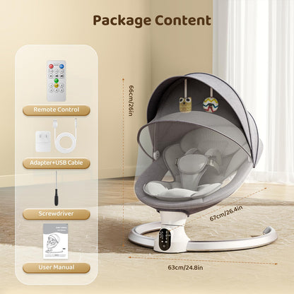 Hlieeosfcn Babywippe für Kinder,Babywippe Elektrisch mit 5 Natürlichen Schaukelgeschwindigkeiten,Elektrische Babyschaukel mit Musik, Nutzbar ab der Geburt bis ca. 6 Monaten,Fernbedienung,Grau
