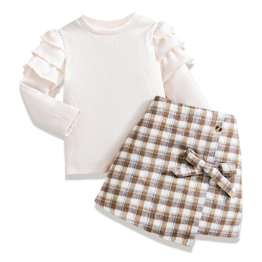 Baby Kinder Mädchen Kleidung Set Rüschen gerippt Langarm Top Fliege Checked Rock 2 Stück Frühling Herbst Kleinkind Outfits Set