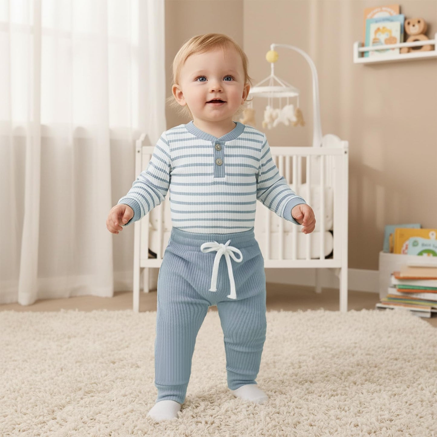 JiAmy Baby Boys' Clothing Long Sleeve Striped Bodysuit Romper + Trousers Outfit Set Newborn Soft Cotton Baby Clothing 0-24 Months