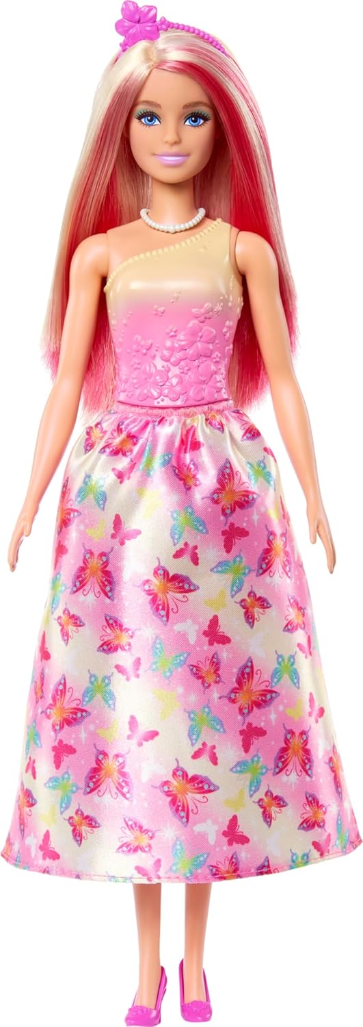Barbie Royal Doll with Fantasy Hair in Blonde and Pink Colourful Accessories, Gradient Pink Top and Butterfly Skirt HRR08