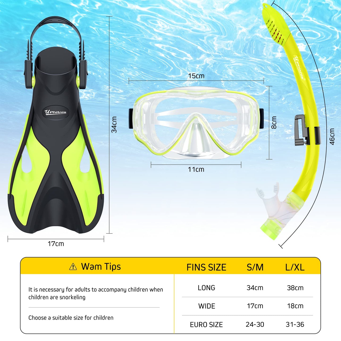 UPhitnis Kinderschnorchelset mit Flossen, Antibeschlag 180° Panorama Taucherbrille, verstellbare Schwimmflossen und Premium Dry Schnorchel, 3-in-1 Schnorchelset für Kinder mit Tragetasche