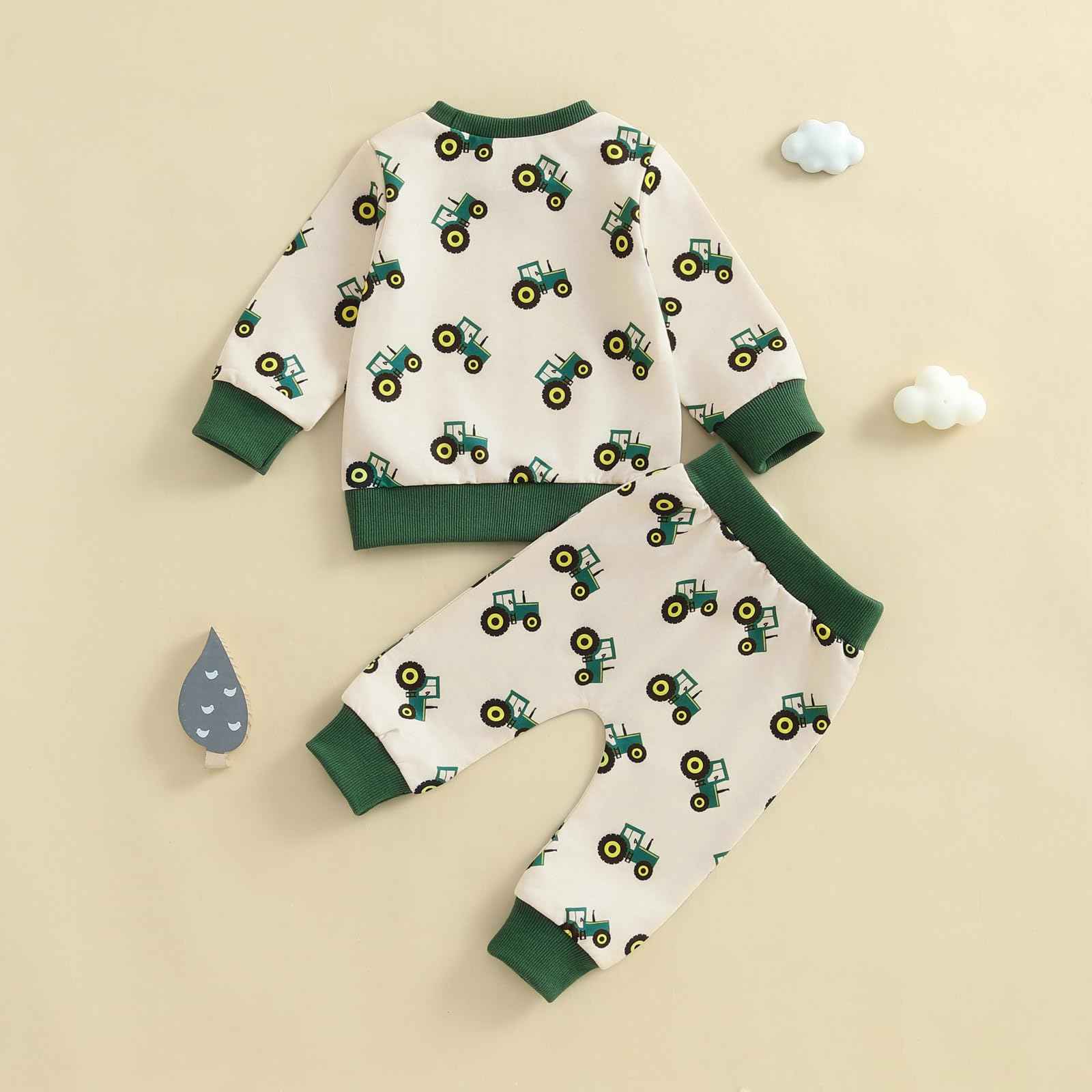 Xeadoffubio Baby Boys' Spring Outfit, Tractor/Car Print Tracksuits, Long Sleeve Car Print Sweatshirts + Elastic Drawstring Trousers, 2-Piece Sports Clothing Set, Soft Tractor Outfits