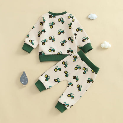 Baby-Frühlings-Outfit für Jungen, Trainingsanzüge mit Traktor-/Auto-Print, Sweatshirts mit langen Ärmeln mit Autodruck + elastische Kordelzughose, 2-teiliges Sportbekleidungsset, weiche Traktor-Outfits