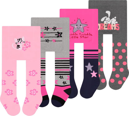 L&K-II Pack of 4 Baby Tights for Baby Girls with Dots Stripes Carzen and Butterfly Motif 2762