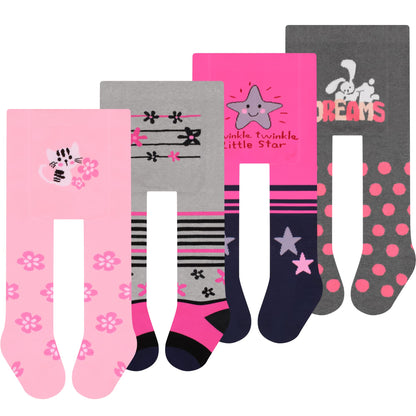 L&K-II Pack of 4 Baby Tights for Baby Girls with Dots Stripes Carzen and Butterfly Motif 2762