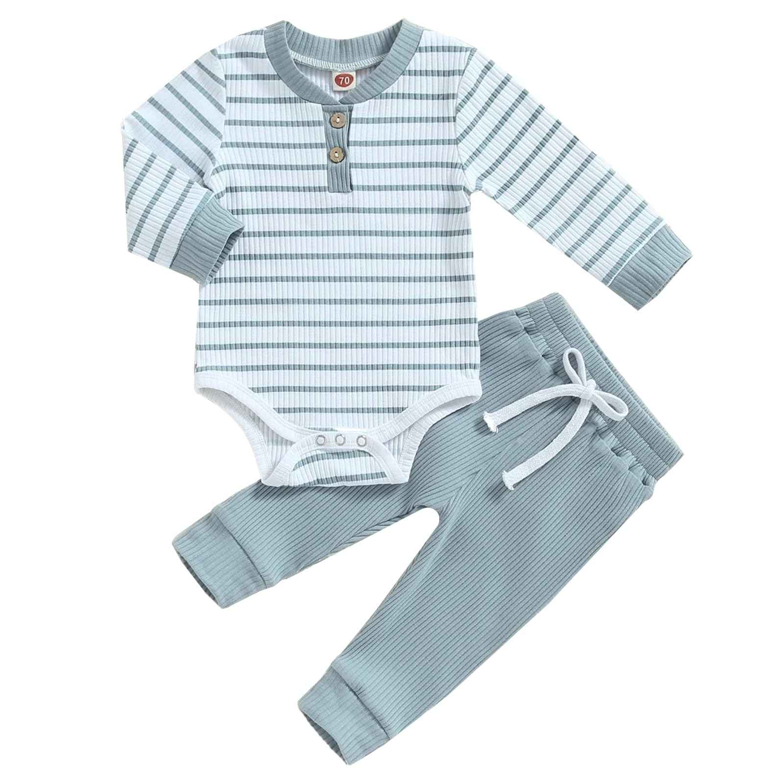 JiAmy Baby Boys' Clothing Long Sleeve Striped Bodysuit Romper + Trousers Outfit Set Newborn Soft Cotton Baby Clothing 0-24 Months