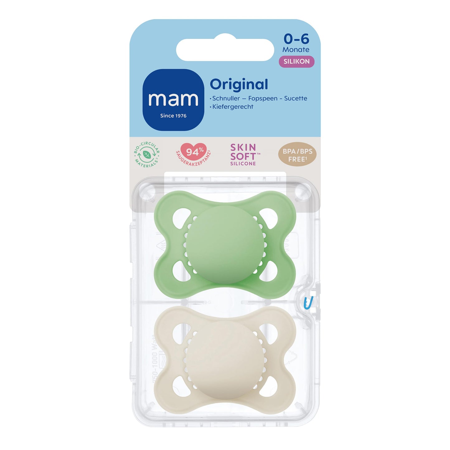 MAM Original Schnuller im 2er-Set, zahnfreundlicher Baby Schnuller aus nachhaltigen & bio-erneuerbaren Materialien, Sauger aus MAM SkinSoft Silikon, mit Schnullerbox, 0-6 Monate, Hase/Reh