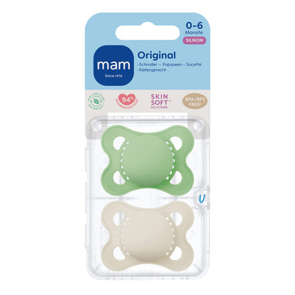 MAM Original Schnuller im 2er-Set, zahnfreundlicher Baby Schnuller aus nachhaltigen & bio-erneuerbaren Materialien, Sauger aus MAM SkinSoft Silikon, mit Schnullerbox, 0-6 Monate, Hase/Reh