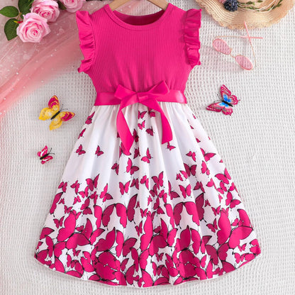 Codkkre Mädchen Kleid Blumen Bowknot Kinder Kleider Rüschenärmel A-Linie Mädchen Kleid Sommer Ostern Mädchen Kleid Rundhals 104 110 116 122 128