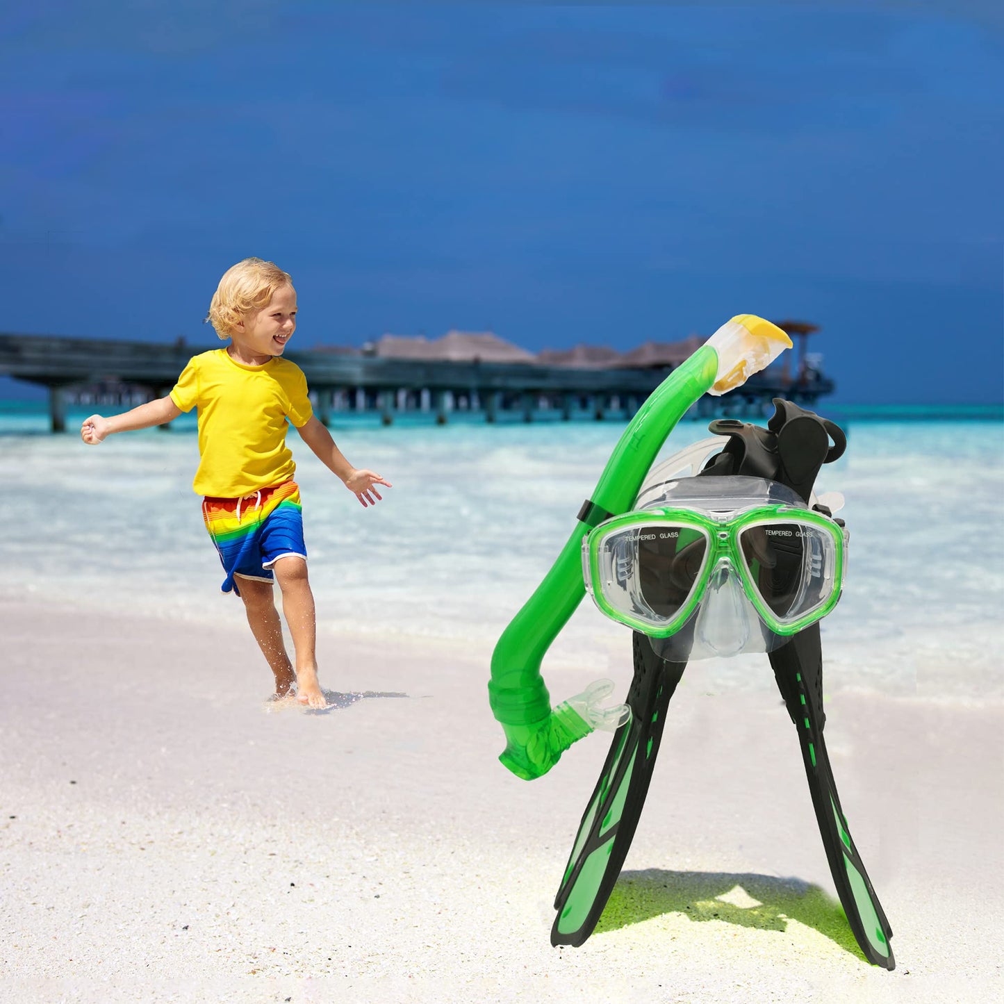 HH HHAO SPORT Children's snorkel set with fins, 180° panorama wide view diving goggles children, adjustable flippers, high-quality diving mask and dry top snorkel