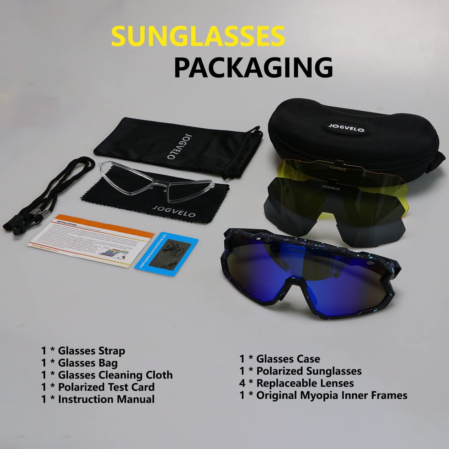 JOGVELO Polarisierte Sonnenbrille, Fahrradbrille Herren Damen mit 3 Wechselgläsern Sportbrillen Radbrille für Radfahren Laufen Angeln