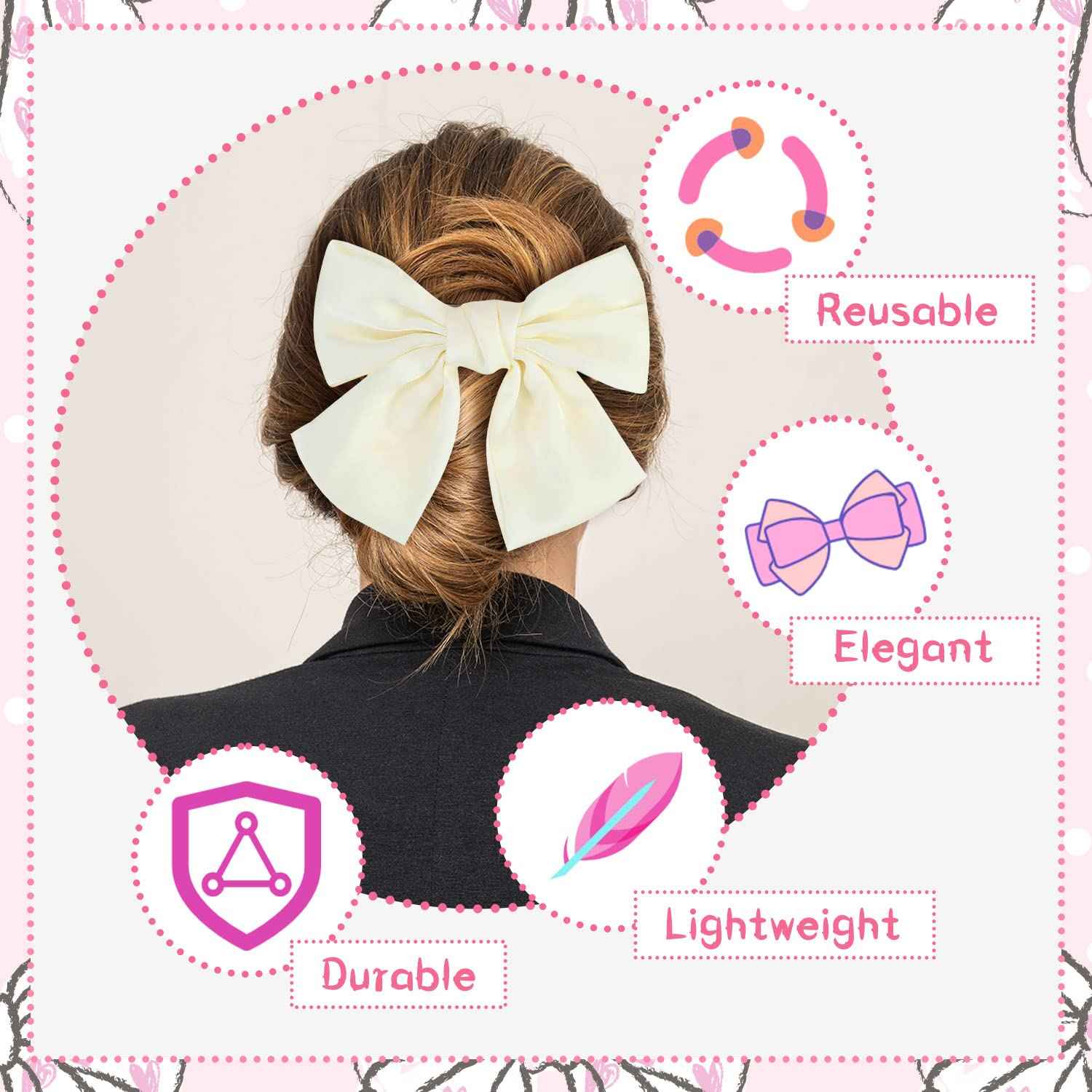 Bow Hair Clip, Pack of 2 Women Hair Bows Large Bow Hair Clip French Hair Clips Girls Hair Clips (Black + White)