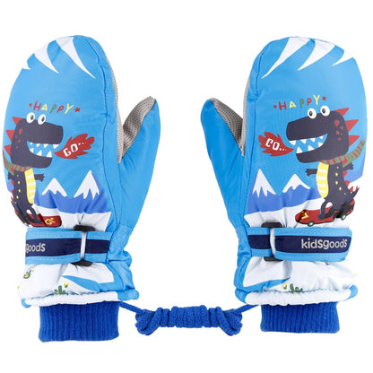 KAKU NANU Children's Winter Gloves 2-10 Years Ski Gloves Waterproof Warm Fleece Cartoon Children's Gloves Mittens with Cord Outdoor Snowboard Gloves Children Boys Girls Blue Red Pink Purple