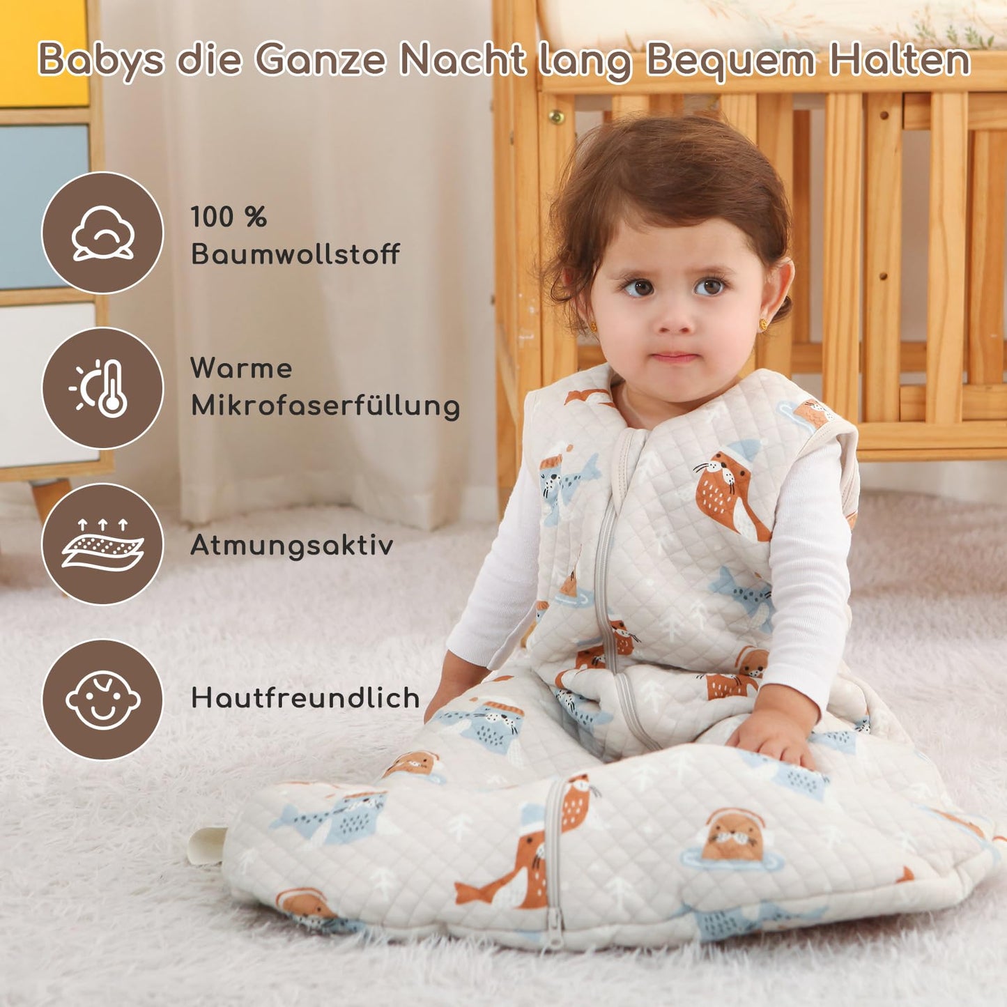 Yukkidds Baby Summer Sleeping Bag, 100% Cotton, 0.5 Tog, beige elephant, 0 - 6 months
