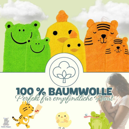 Hello Hippo® 6er-Set Baby Waschlappen – 3 für Eltern & 3 für Kinder – Waschhandschuhe aus Baumwolle – Tiermotive: Frosch, Küken, Tiger – Waschbare Kinderwaschlappen