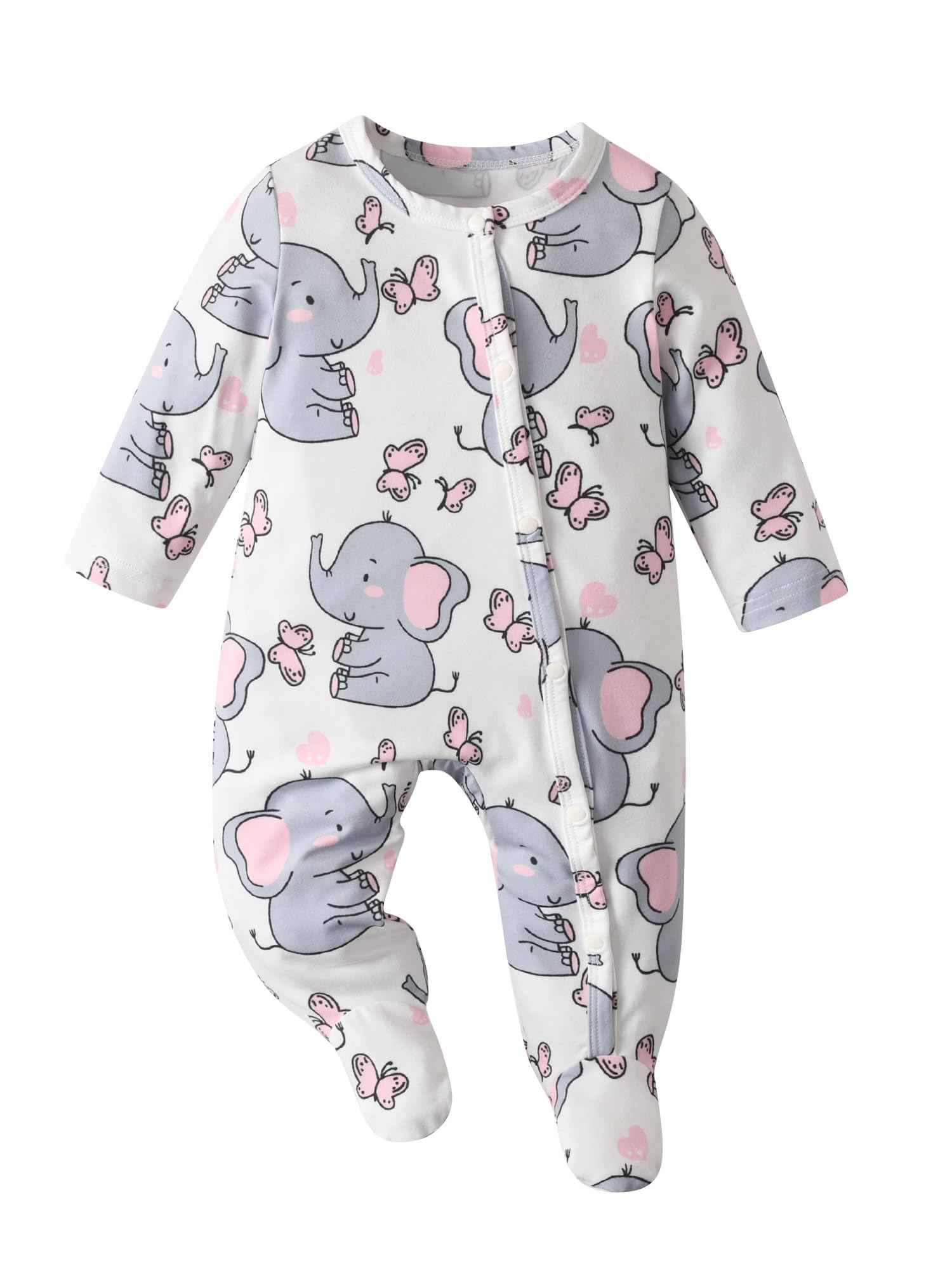 Tearfuty Newborn Girls Elephant Print Long Sleeve Onesie Romper 2 Pack