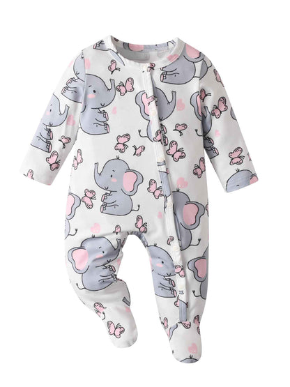 Tearfuty Newborn Girls Elephant Print Long Sleeve Onesie Romper 2 Pack