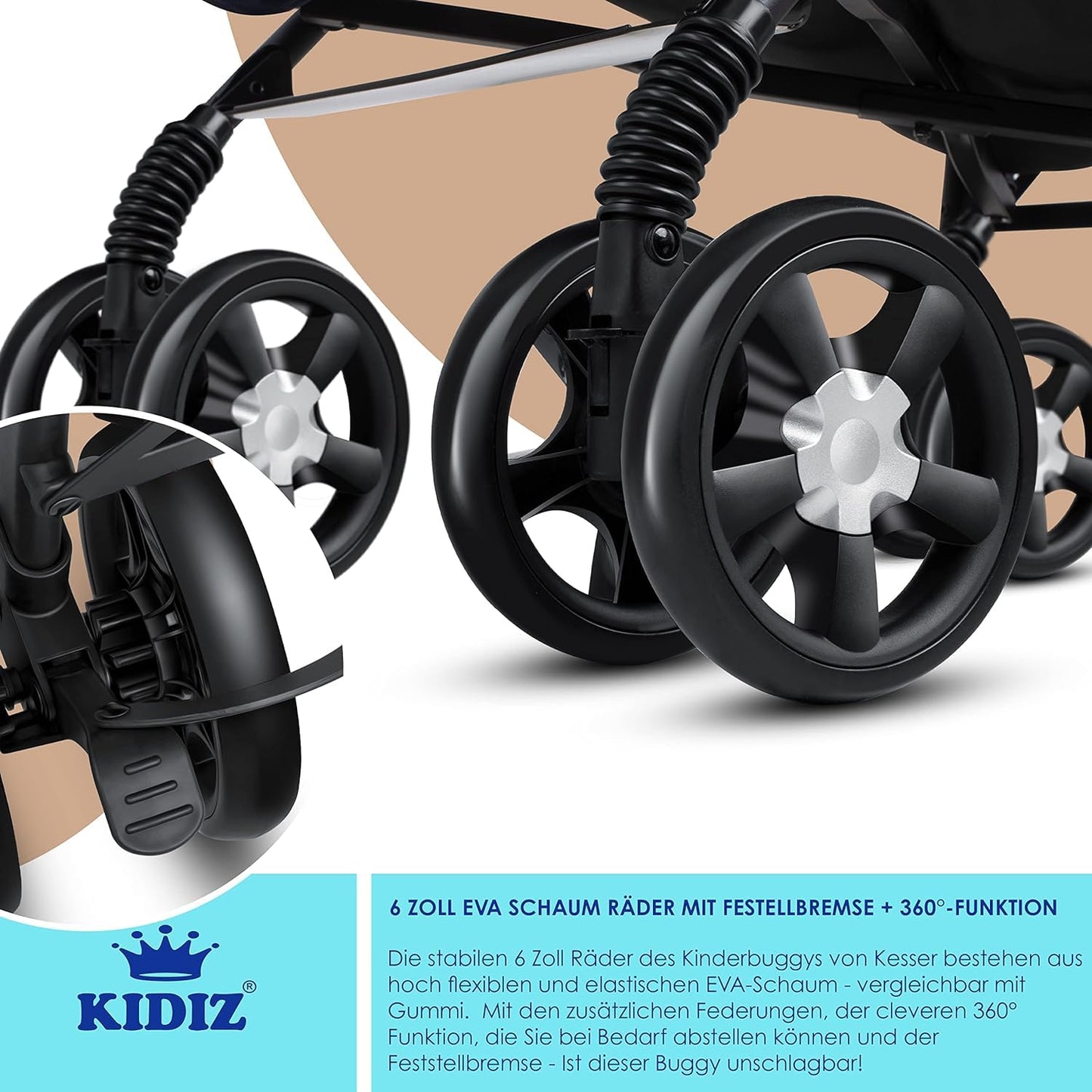 KIDIZ® City-Pro Pushchair Folding Pushchair Pushchair Sports Pushchair Foldable 360° 6 Inch Wheels Includes Mosquito Net, Footmuff and Rain Cover Foldable Sleep Function Blue 
