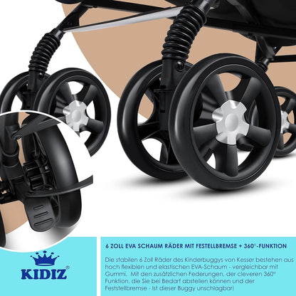 KIDIZ® City-Pro Pushchair Folding Pushchair Pushchair Sports Pushchair Foldable 360° 6 Inch Wheels Includes Mosquito Net, Footmuff and Rain Cover Foldable Sleep Function Blue 