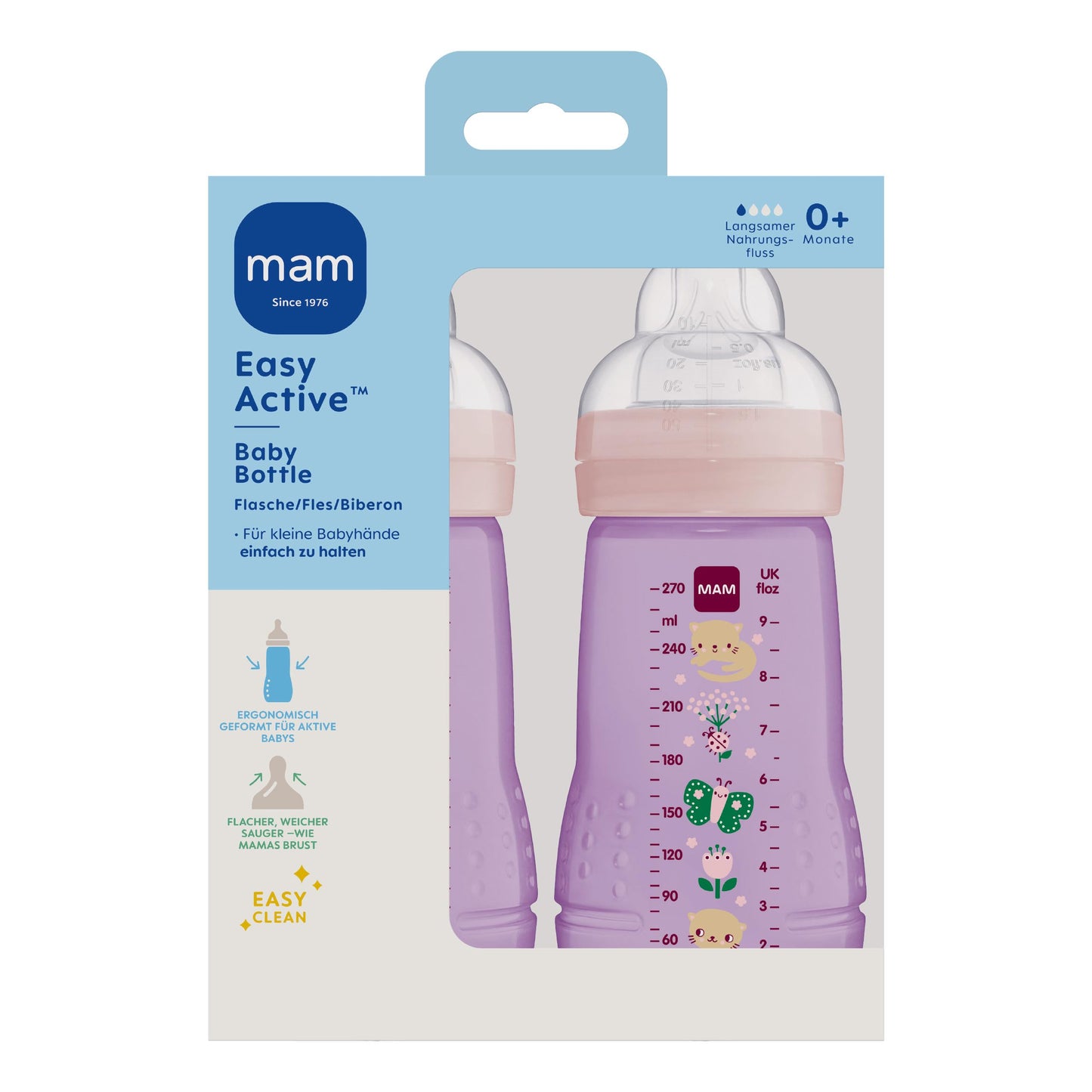 MAM Easy Active Trinkflasche im 2er-Set (330 ml), Baby Trinkflasche inklusive MAM Sauger Größe 2 aus SkinSoft Silikon, Milchflasche mit ergonomischer Form, 4+ Monate, Weltall - Meloni2