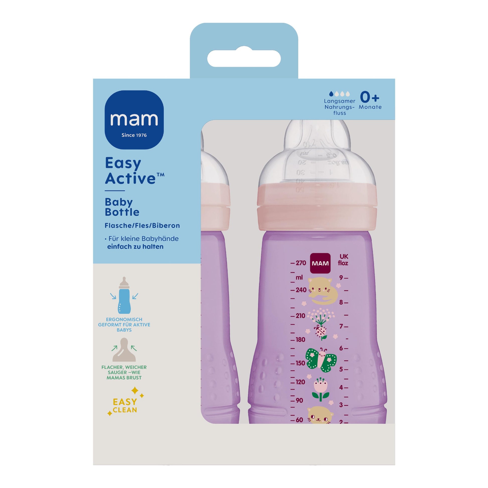 MAM Easy Active Trinkflasche im 2er-Set (330 ml), Baby Trinkflasche inklusive MAM Sauger Größe 2 aus SkinSoft Silikon, Milchflasche mit ergonomischer Form, 4+ Monate, Weltall - Meloni2