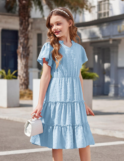 Arshiner Mädchen Kleid Festliches Rüschenärmel Sommerkleider V-Ausschnitt Partykleid Swiss Dot Stufenkleid Kinder A-Linie Swing Kinderkleid mit Tasche 3-12 Jahre