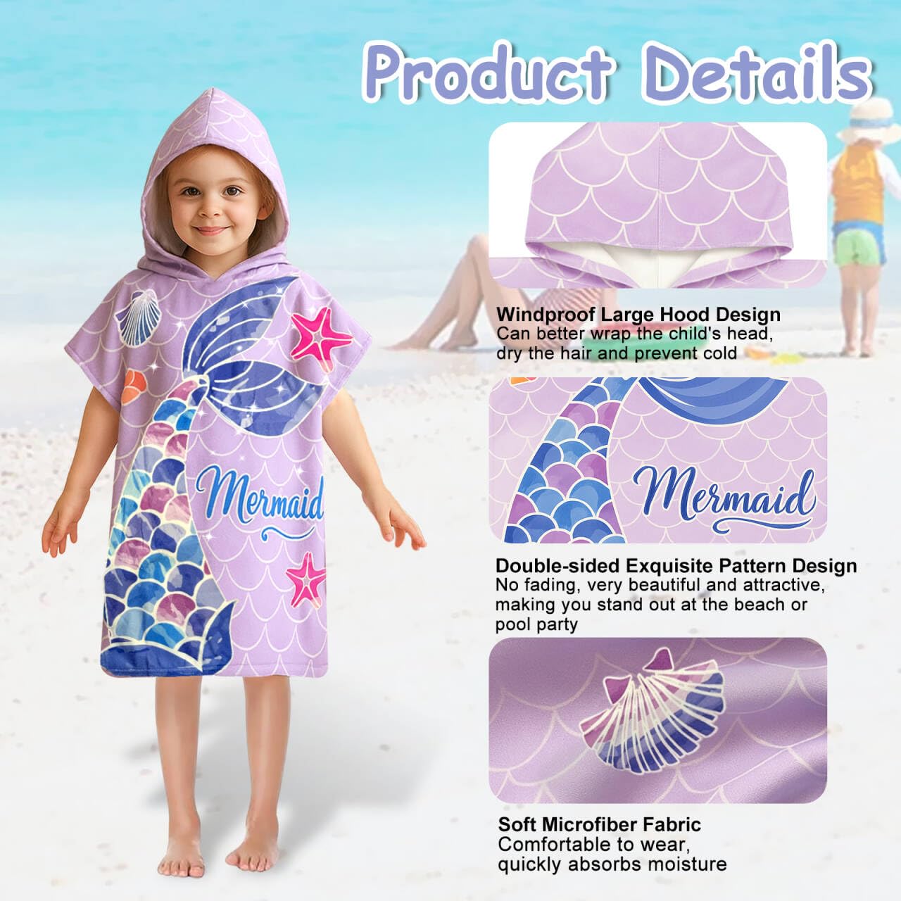 LMSHOWOWO Badeponcho Kinder mit Kapuze 75 * 65cm, Mikrofaser Handtuch Poncho Kinder, Weich Saugfähig Strandtuch Badetuch Badehandtuch, für Strand Schwimmen Reisen, für Mädchen Jungen 2-8 Jahre Alt
