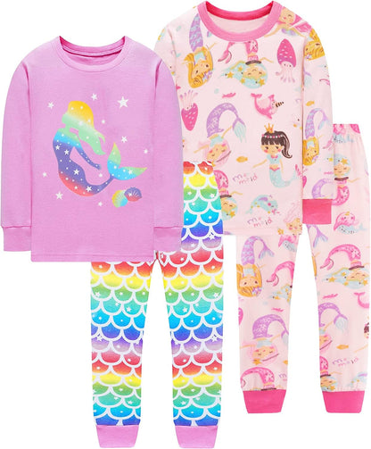 EULLA Kinder Schlafanzüge Mädchen Langarm Winter Pyjama Set Baumwolle Meerjungfrau Einhorn Prinzessin Katze Dino Zweiteilig Nachtwäsche 92 98 104 110 116 122