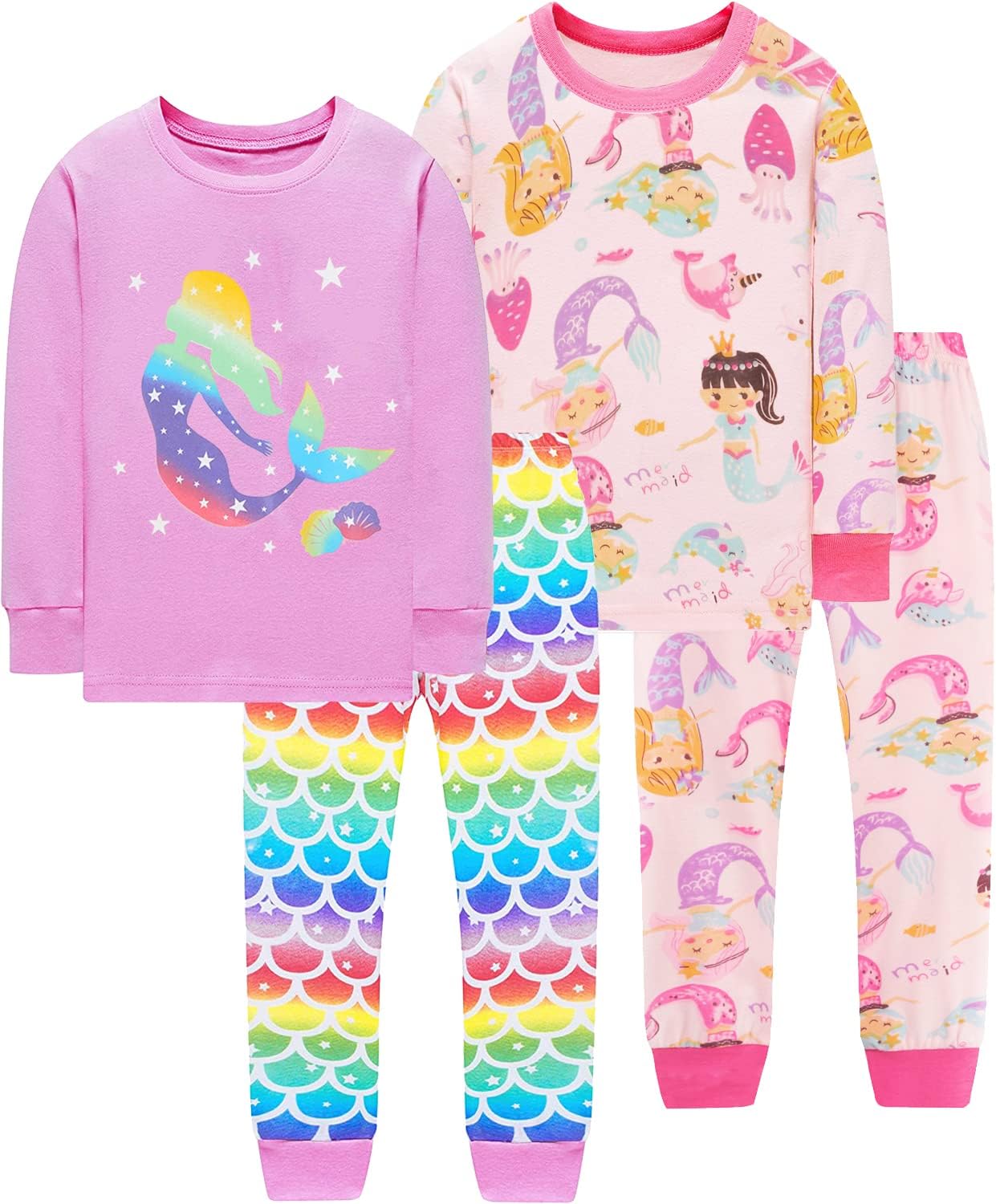 EULLA Kinder Schlafanzüge Mädchen Langarm Winter Pyjama Set Baumwolle Meerjungfrau Einhorn Prinzessin Katze Dino Zweiteilig Nachtwäsche 92 98 104 110 116 122