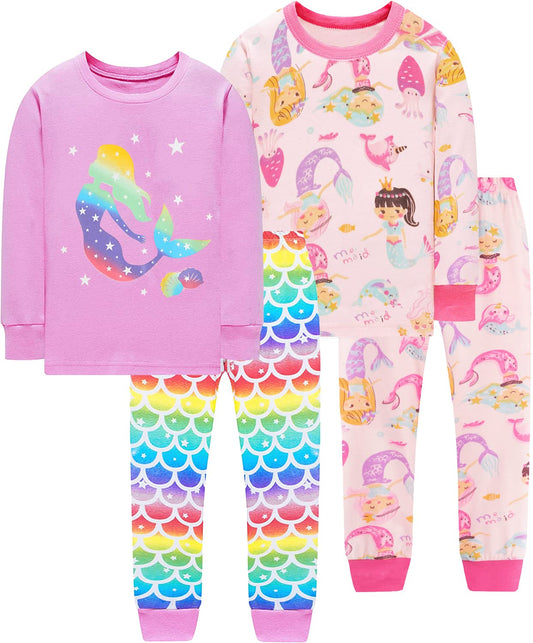 EULLA Children's Pyjamas Girls Long Sleeve Winter Pyjama Set Cotton Mermaid Unicorn Princess Cat Dino Two Piece Sleepwear 92 98 104 110 116 122
