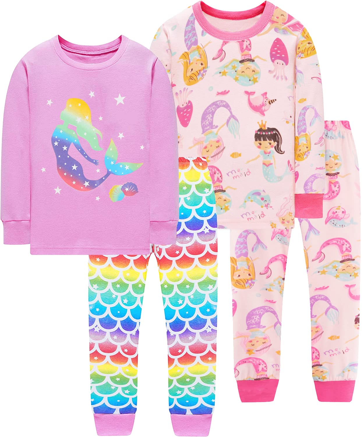 EULLA Children's Pyjamas Girls Long Sleeve Winter Pyjama Set Cotton Mermaid Unicorn Princess Cat Dino Two Piece Sleepwear 92 98 104 110 116 122