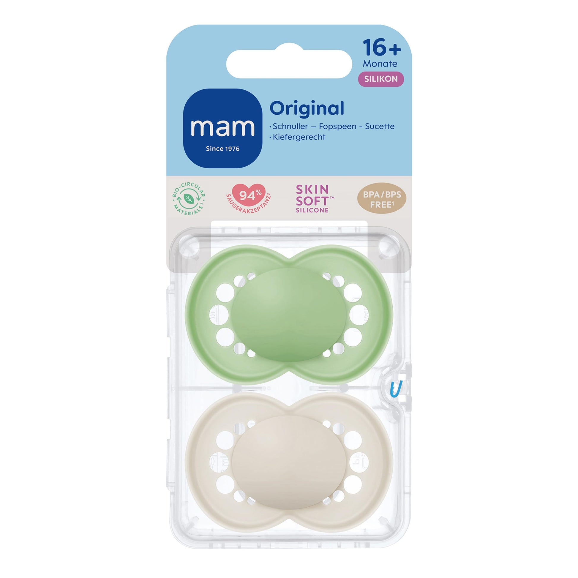 MAM Original Schnuller im 2er-Set, zahnfreundlicher Baby Schnuller aus nachhaltigen & bio-erneuerbaren Materialien, Sauger aus MAM SkinSoft Silikon, mit Schnullerbox, 0-6 Monate, Hase/Reh - Meloni2
