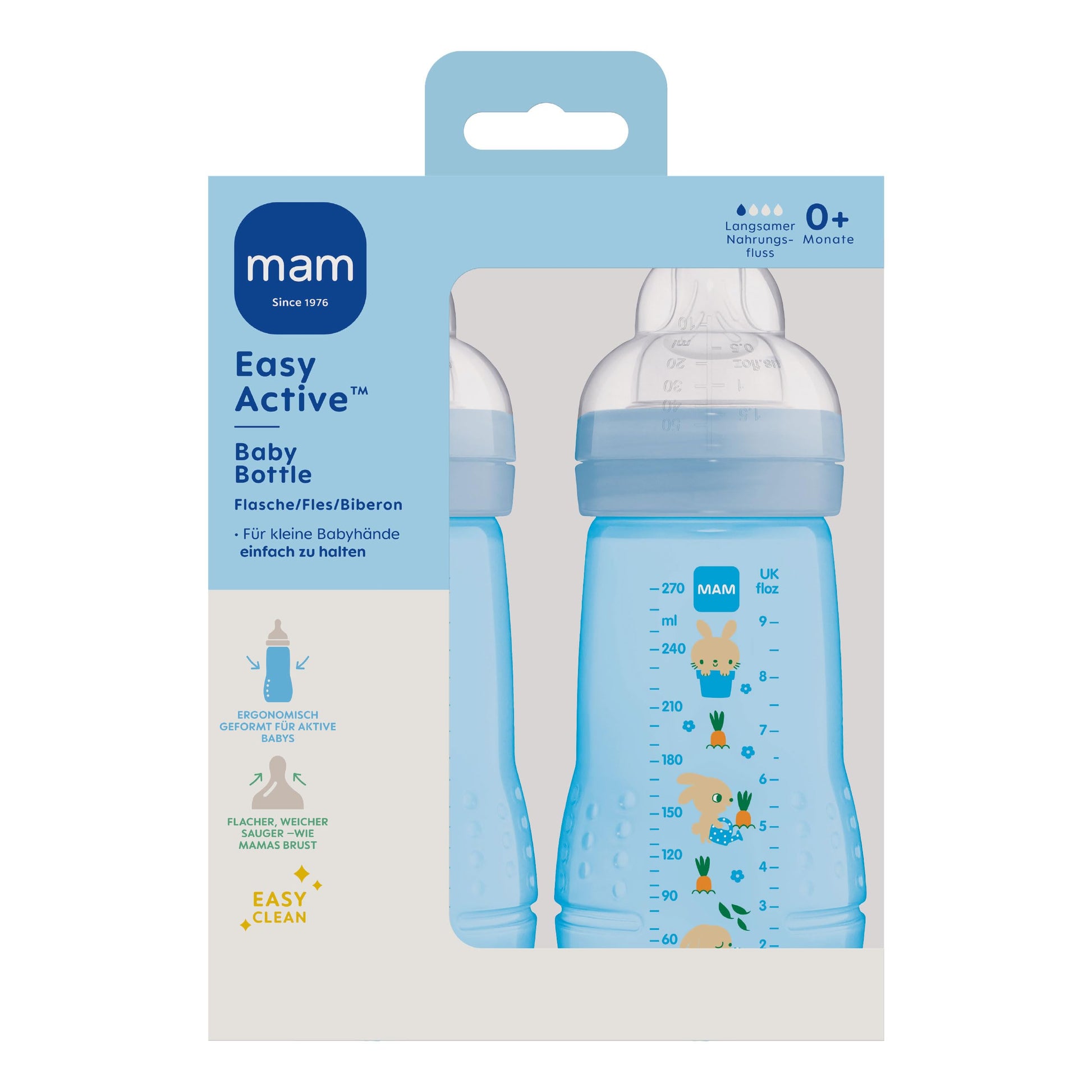 MAM Easy Active Trinkflasche im 2er-Set (330 ml), Baby Trinkflasche inklusive MAM Sauger Größe 2 aus SkinSoft Silikon, Milchflasche mit ergonomischer Form, 4+ Monate, Weltall - Meloni2