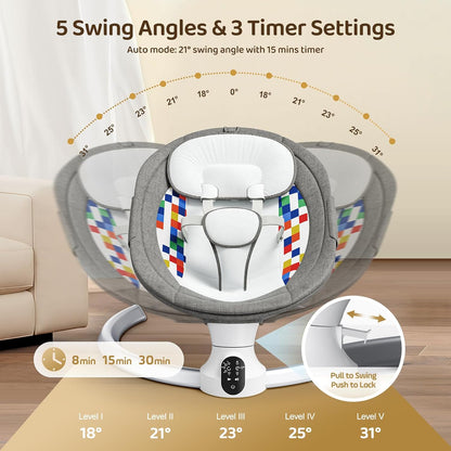 Bluetooth Elektrische Babyschaukel, Upgrade 5-Punkte Geschirr Elektrische Babywippe mit 5 Geschwindigkeiten 3 Timer und 10 Musik, Mobiler APP/Fernbedienung/IMD Panel-Steuerung Babywippen (Dunkelgrau)