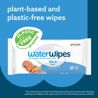WaterWipes Plastic-Free Original Baby Cleansing Wipes, 360 Wipes (6 Packs), 99.9% Water-Based Cleaning Wipes, Unscented for Sensitive Skin