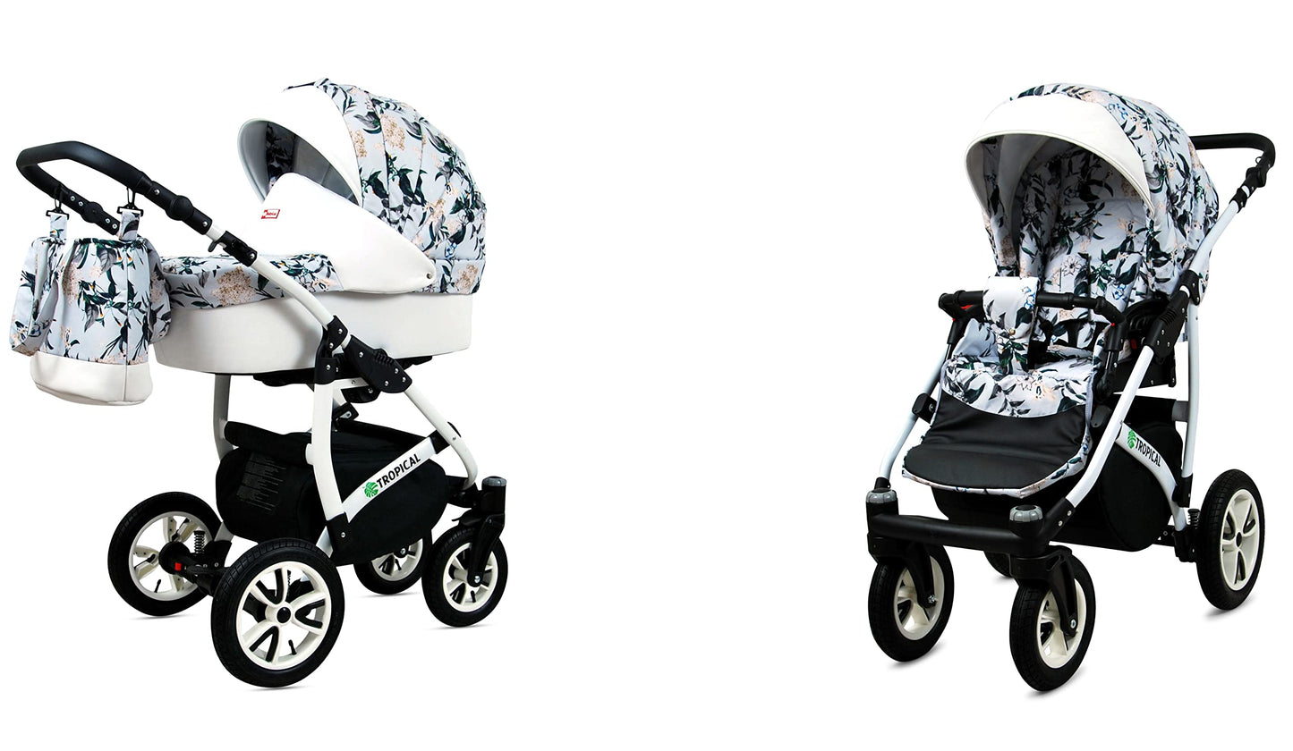 BabyLux® Bambimo Pushchair Set 3 in 1 - Tropical - incl. Baby Carrycot, Buggy Sports Seat, Car Seat - Pram Set - Combination Pram with Changing Bag, Rain Cover etc.
