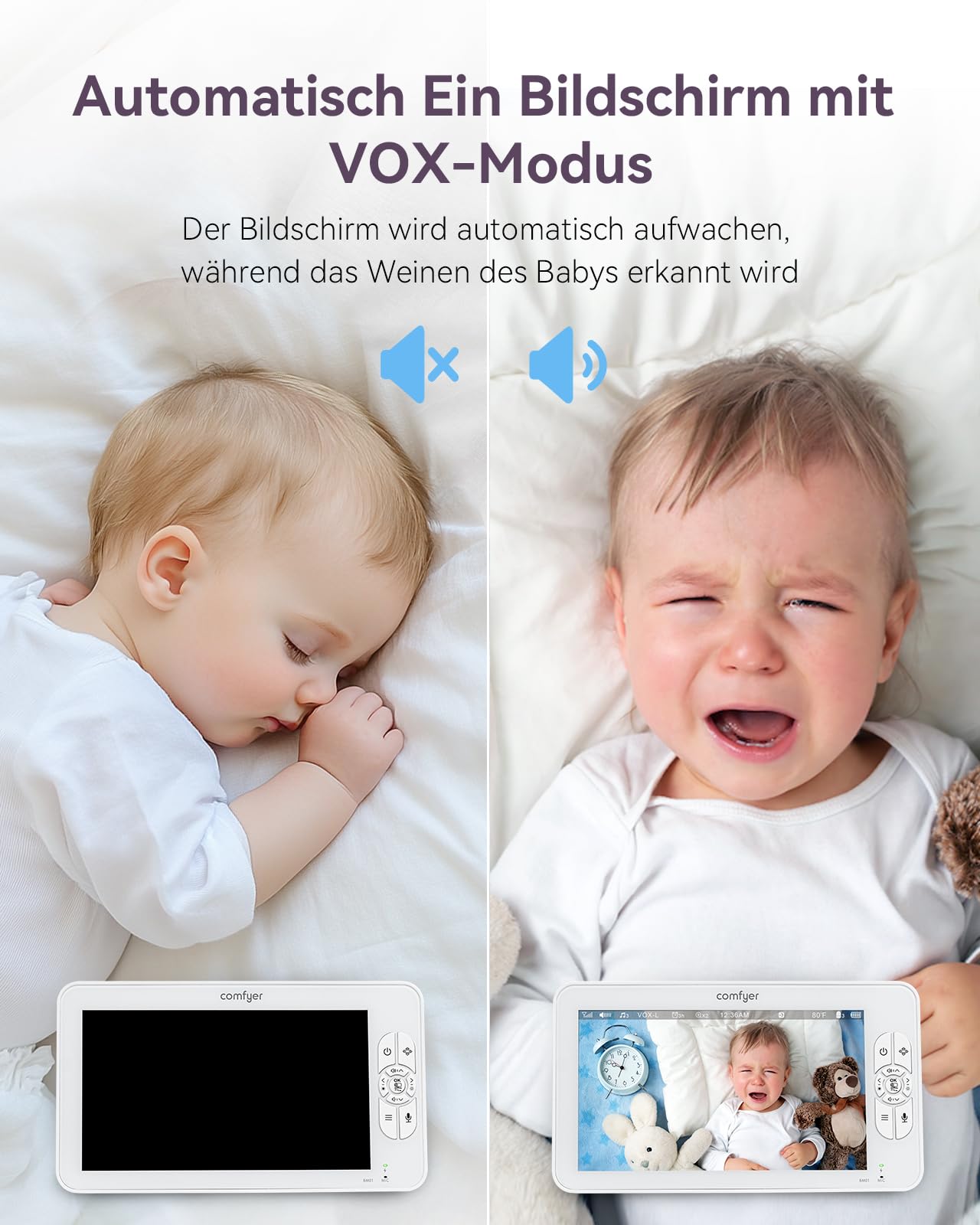 Comfyer BM01 Split-Screen Babyphone mit 2 Kameras, 7" HD 720P ohne WLAN mit Halterung, IR-Nachtsicht VOX-Modus mit Sound-Alarm 2-Wege-Audio 6000mAh 300M Reichweite Videoüberwachungsgerät