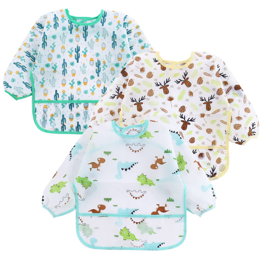 PandaEar Waterproof Baby Bibs with Long Sleeves, 3 Pack Washable Baby Bibs Feeding Bibs with Sleeves for 12-48 Months Children Eating Crafting Painting Art Craft Painting 