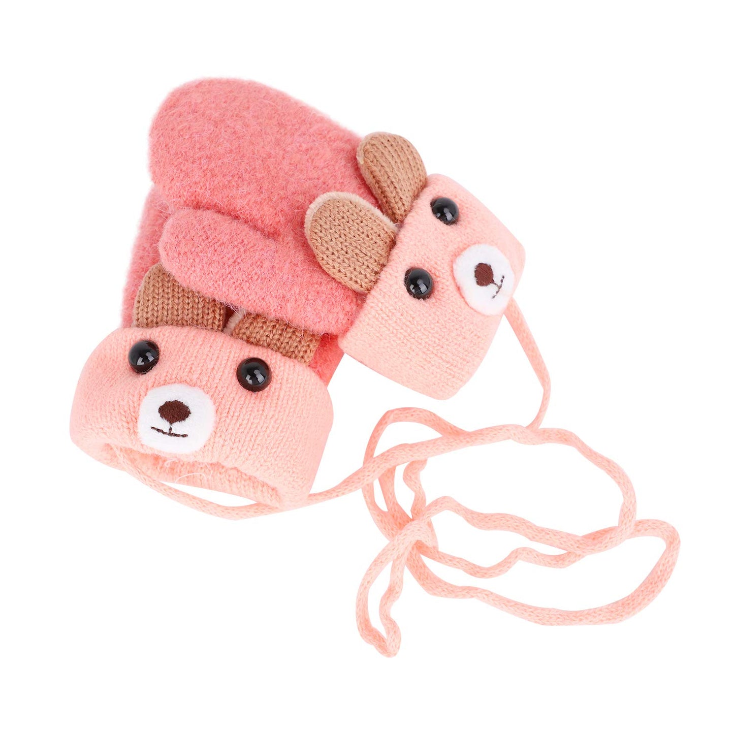 Kids Winter Gloves Mittens Baby Cartoon Mitten Neck Gloves Thick Double Knitted Glove with Plush,0 - 3 years old, Playing, Running, Skiing