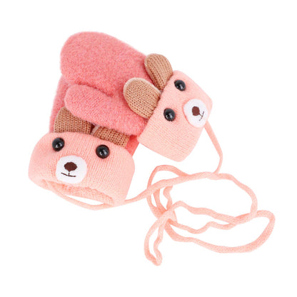 Kids Winter Gloves Mittens Baby Cartoon Mitten Neck Gloves Thick Double Knitted Glove with Plush,0 - 3 years old, Playing, Running, Skiing