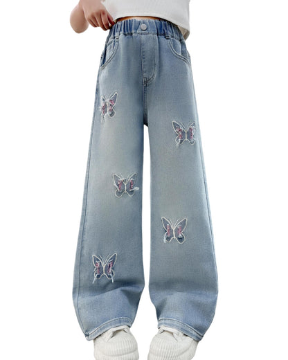Rolanko Girls' Jeans Trousers with Hole, Denim Blue Jeans, Vintage Trousers With Wide Leg for Children