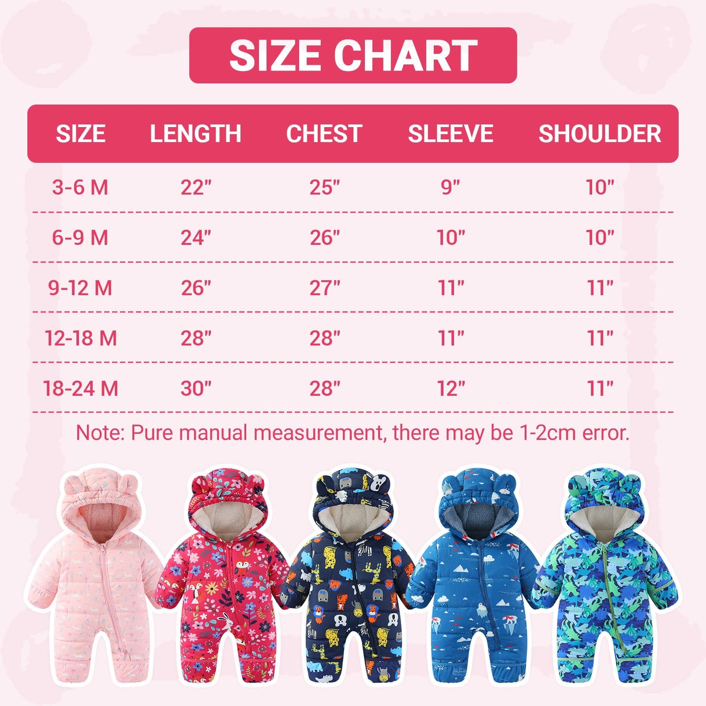 JiAmy Baby Winter Snowsuit, Toddler Bear Hood Fold-Over Mittens Booties Jumpsuit Toddler Warm Fleece Romper Girls Boys Warm Jumpsuit 3-24 Months