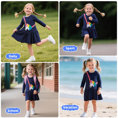 Mädchen Kleid Baumwolle Rundhals Rüschen Ärmellos Lässige Einhorn Cartoon-Applikationen Blau/Weiße Gestreift Kleidung Kinder Sommer Party Festliches Prinzessin A-Linie Kleider Gr. 98-128