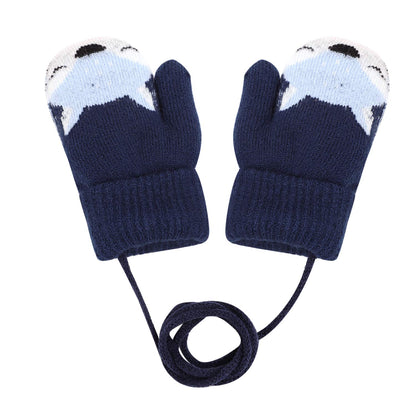 Kids Winter Gloves Mittens Baby Cartoon Mitten Neck Gloves Thick Double Knitted Glove with Plush,0 - 3 years old, Playing, Running, Skiing